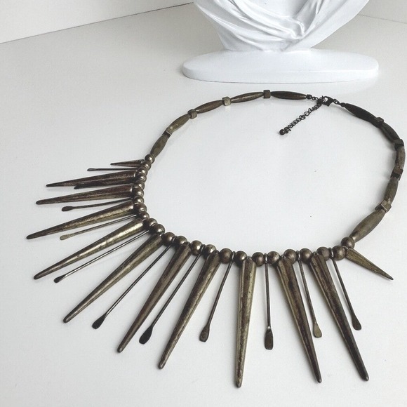 Antiqued Brass Tone Spike Fringe Statement‎ Necklace Industrial Punk Collar J-01 - Picture 3 of 11